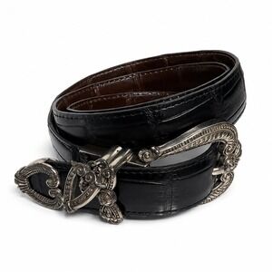 Brighton Black Croc Embossed Leather Belt Silver Heart Charm Buckle Western 34